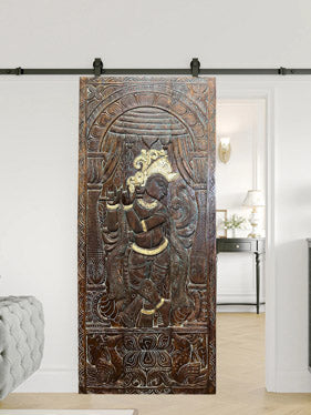 Vintage Fluting Krishna Carved door, Custom Indian Door, Studio Wall Art 83